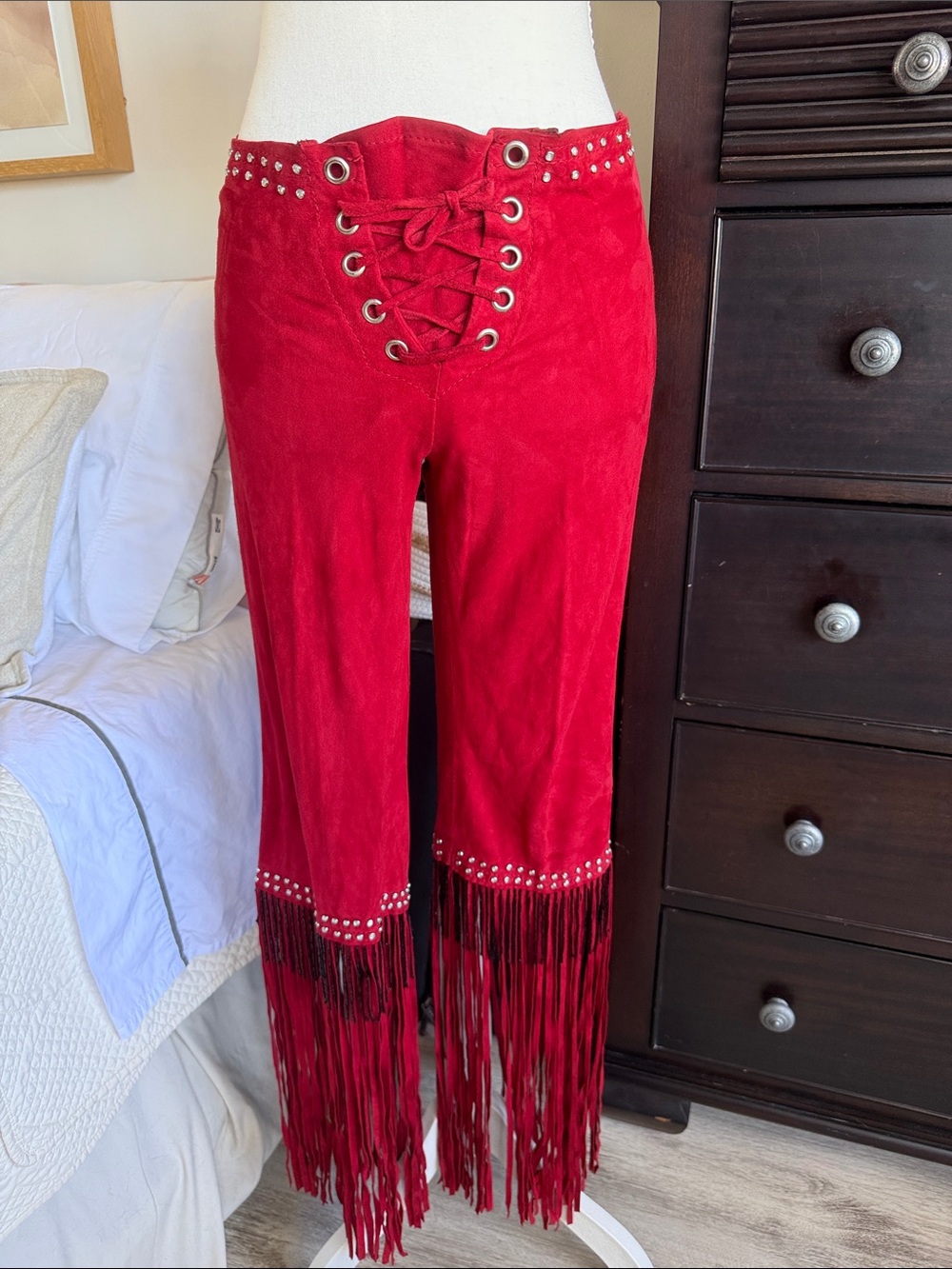 MADE IN USA 🇺🇸 Red Balls on Fire 100% Suede Fringe Bottom Lace-Up Women’s Pants